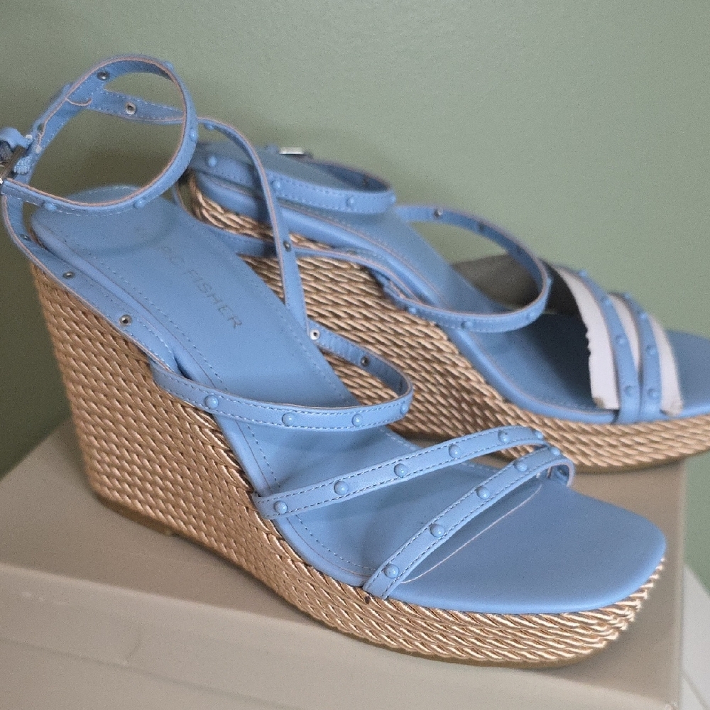 Marc Fisher Blue and Tan Wedge Sandals
